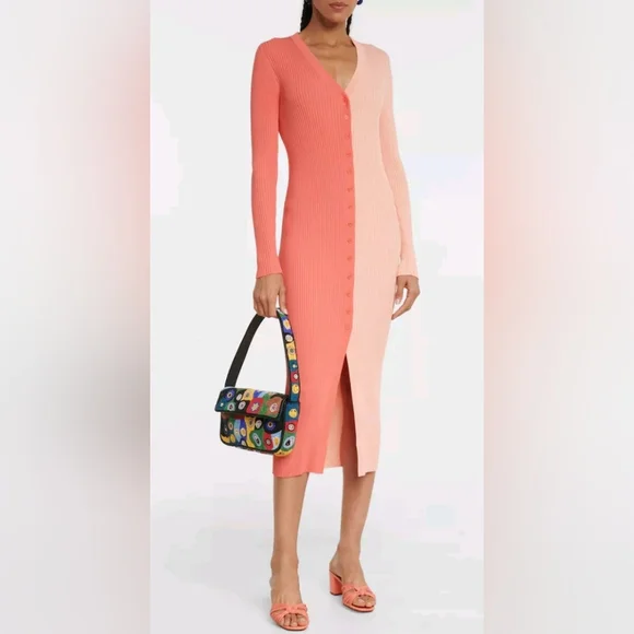 Staud Shoko Colorblock Bittersweet peach button up sweater dress size small - Picture 3 of 13